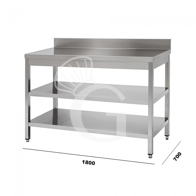 Mesa de acero inoxidable con 2 estantes y peto L 1800 mm x P 700 mm x A 950 mm
