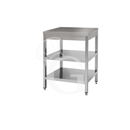 Mesa de acero inoxidable con 2 estantes L 600 mm x P 800 mm x A 850 mm Mesa de acero inoxidable con 2 estantes L 600 mm x P 800 mm x A 850 mm