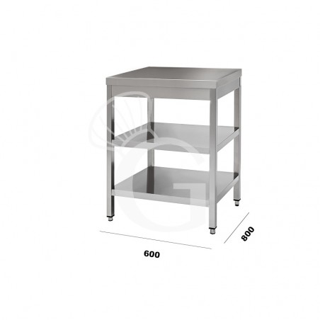 Mesa de acero inoxidable con 2 estantes L 600 mm x P 800 mm x A 850 mm Mesa de acero inoxidable con 2 estantes L 600 mm x P 800 mm x A 850 mm
