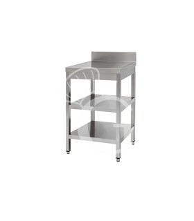 Mesa de acero inoxidable con 2 estantes y peto L 400 mm x P 800 mm x A 950 mm