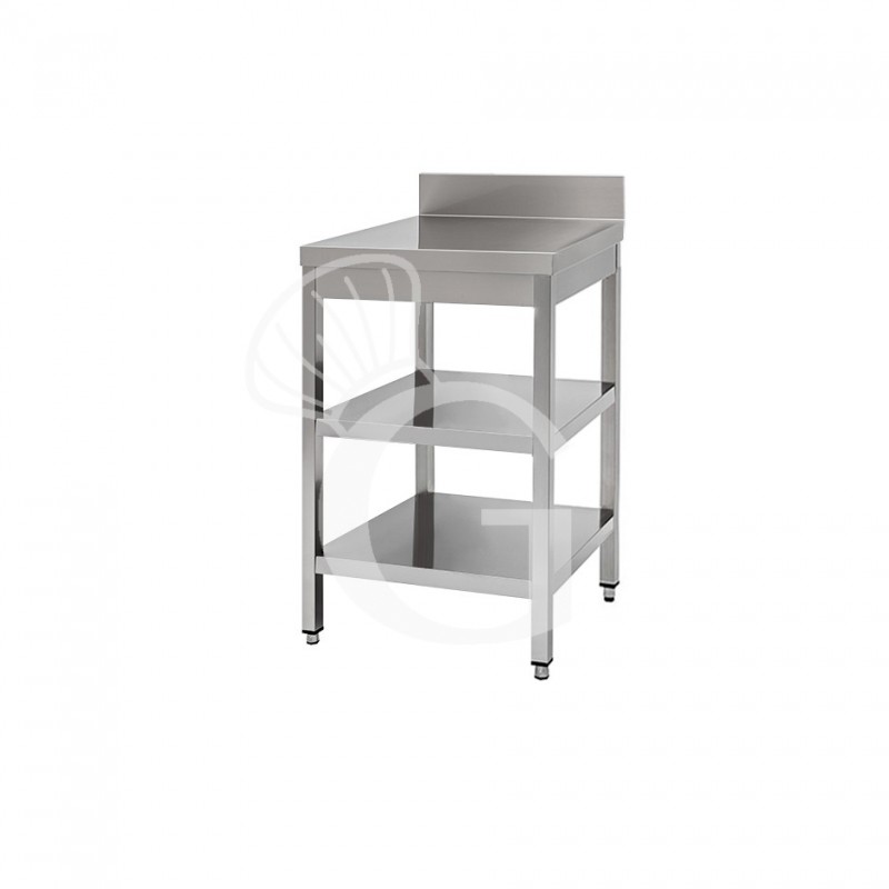 Mesa de acero inoxidable con 2 estantes y peto L 400 mm x P 800 mm x A 950 mm