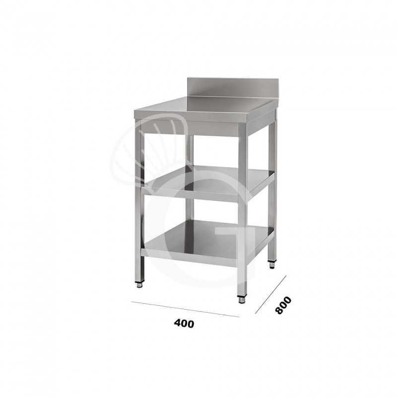 Mesa de acero inoxidable con 2 estantes y peto L 400 mm x P 800 mm x A 950 mm