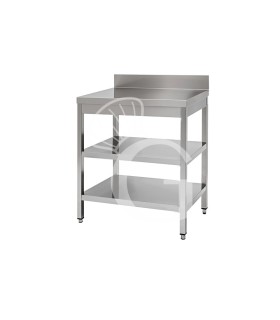 Mesa de acero inoxidable con 2 estantes y peto L 600 mm x P 800 mm x A 950 mm