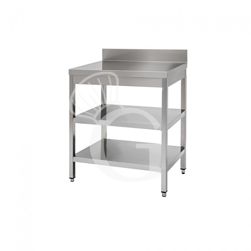 Mesa de acero inoxidable con 2 estantes y peto L 600 mm x P 800 mm x A 950 mm