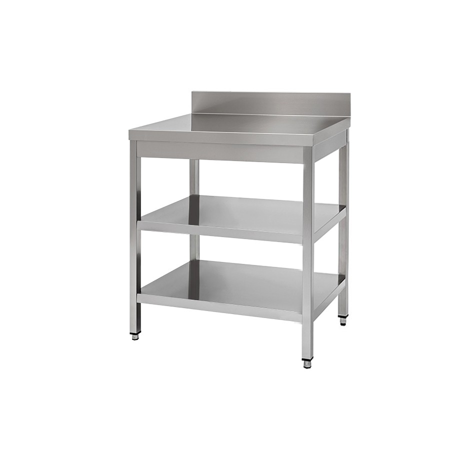 Mesa de acero inoxidable con 2 estantes y peto L 600 mm x P 800 mm x A 950 mm