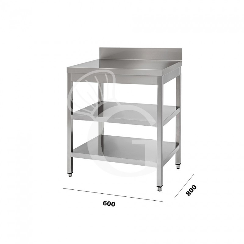 Mesa de acero inoxidable con 2 estantes y peto L 600 mm x P 800 mm x A 950 mm