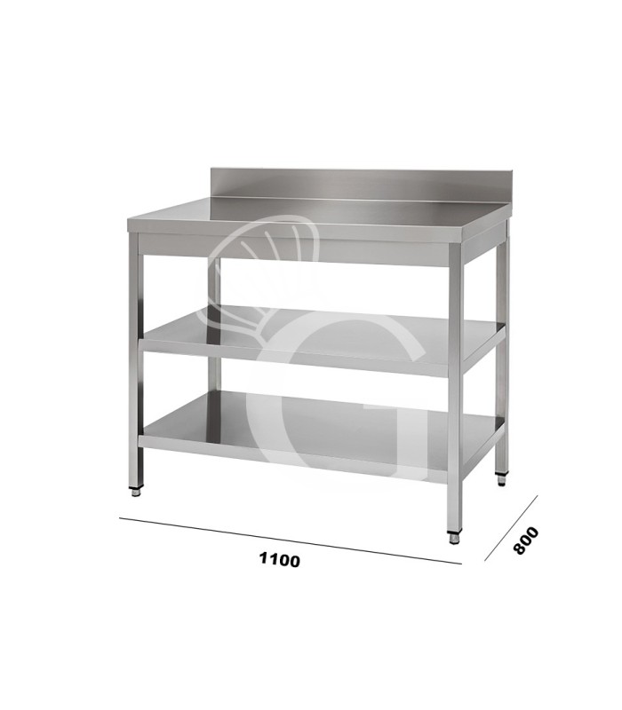 Mesa de acero inoxidable con 2 estantes y peto L 1100 mm x P 800 mm x A 950 mm