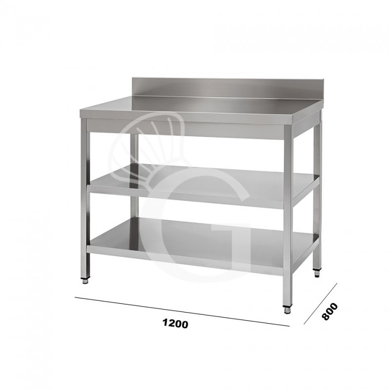 Mesa de acero inoxidable con 2 estantes y peto L 1200 mm x P 800 mm x A 950 mm