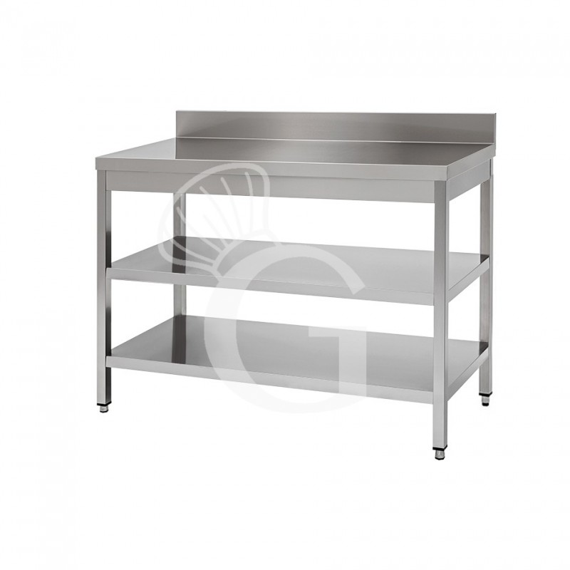 Mesa de acero inoxidable con 2 estantes y peto L 1600 mm x P 800 mm x A 950 mm