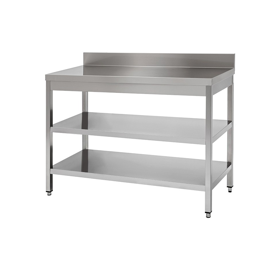 Mesa de acero inoxidable con 2 estantes y peto L 1600 mm x P 800 mm x A 950 mm