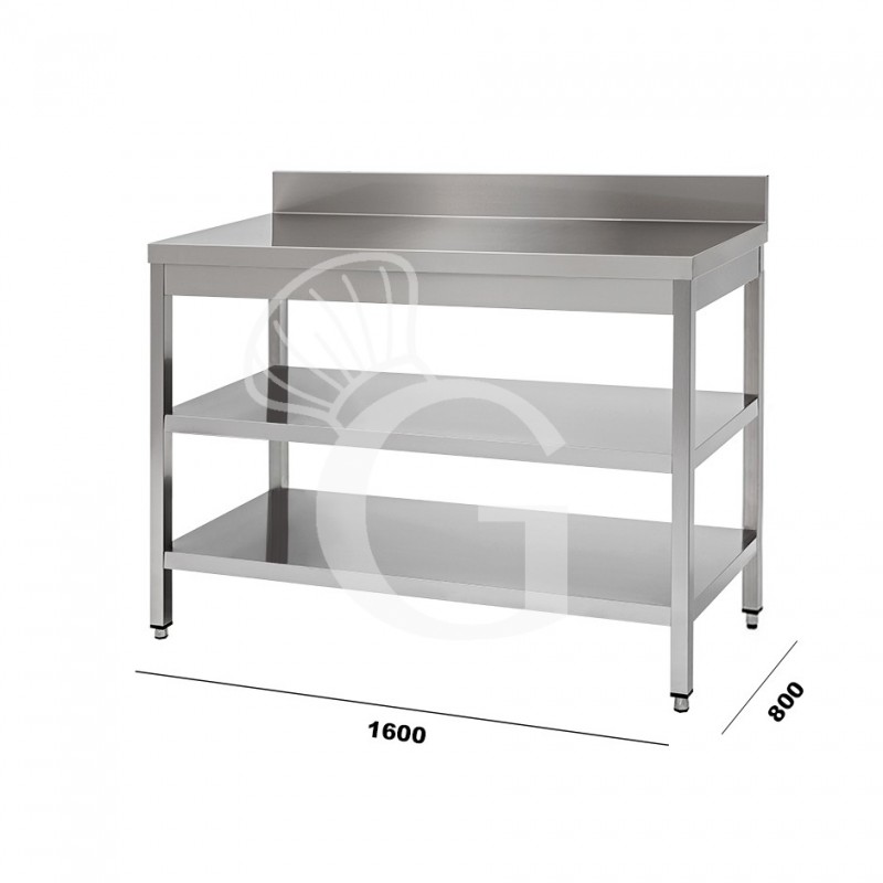 Mesa de acero inoxidable con 2 estantes y peto L 1600 mm x P 800 mm x A 950 mm