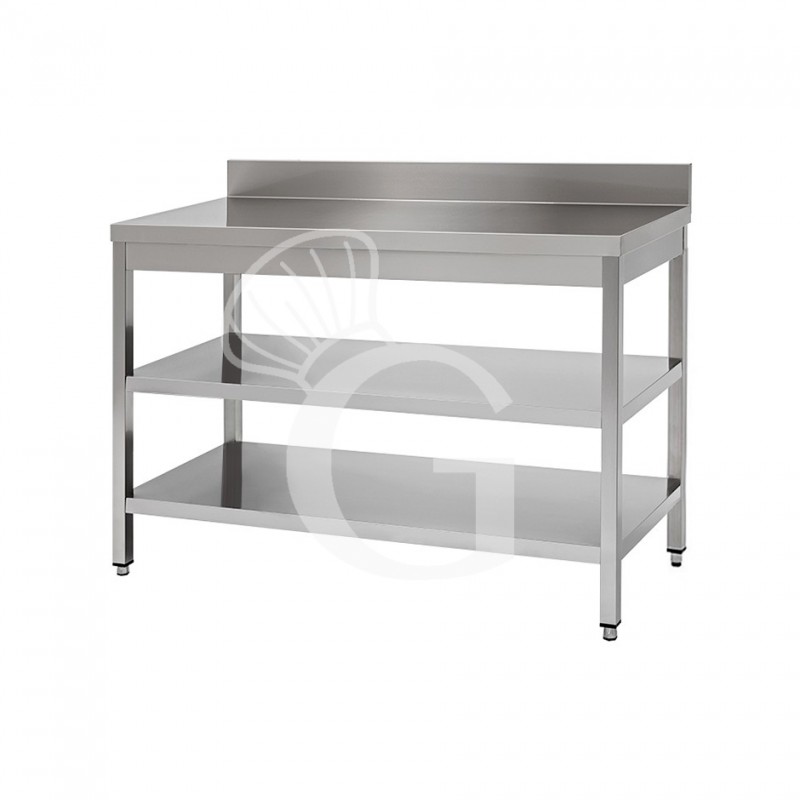 Mesa de acero inoxidable con 2 estantes y peto L 1700 mm x P 800 mm x A 950 mm