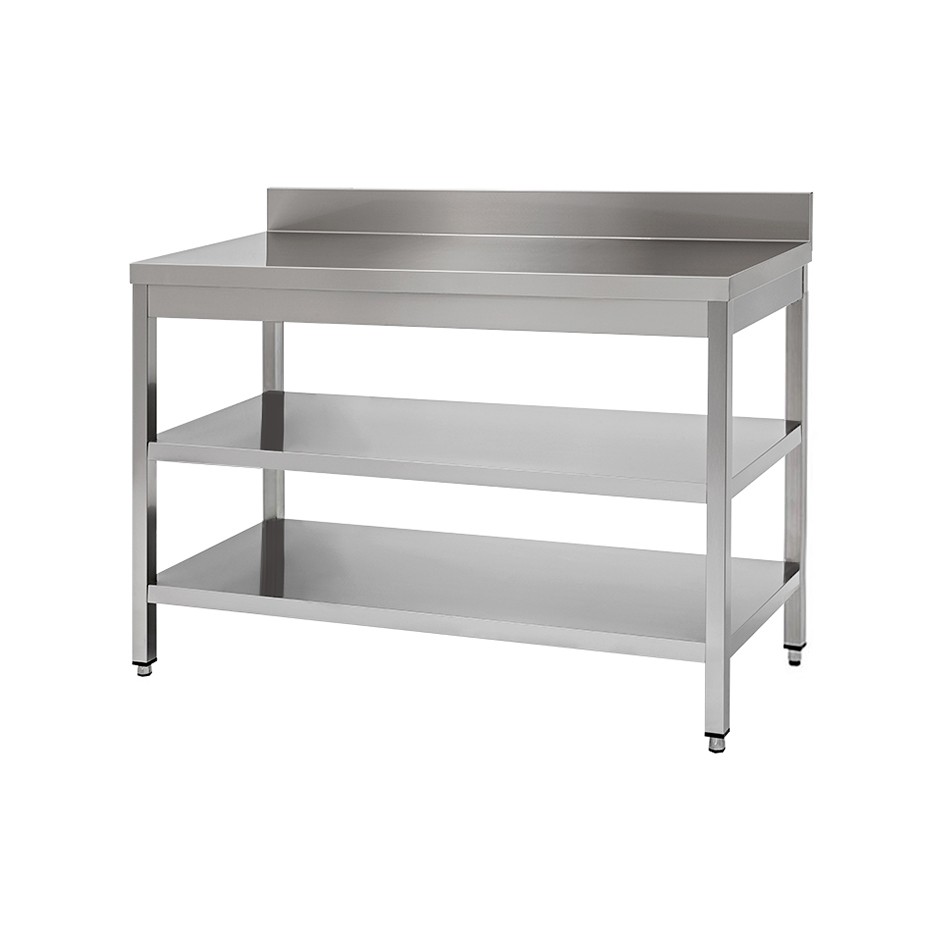 Mesa de acero inoxidable con 2 estantes y peto L 1700 mm x P 800 mm x A 950 mm