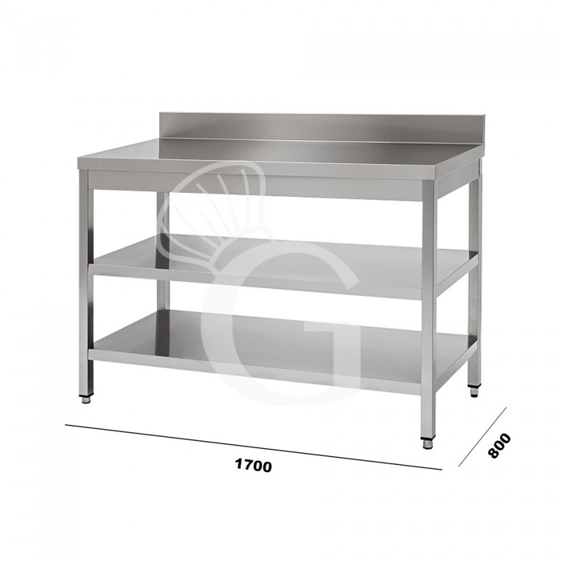 Mesa de acero inoxidable con 2 estantes y peto L 1700 mm x P 800 mm x A 950 mm