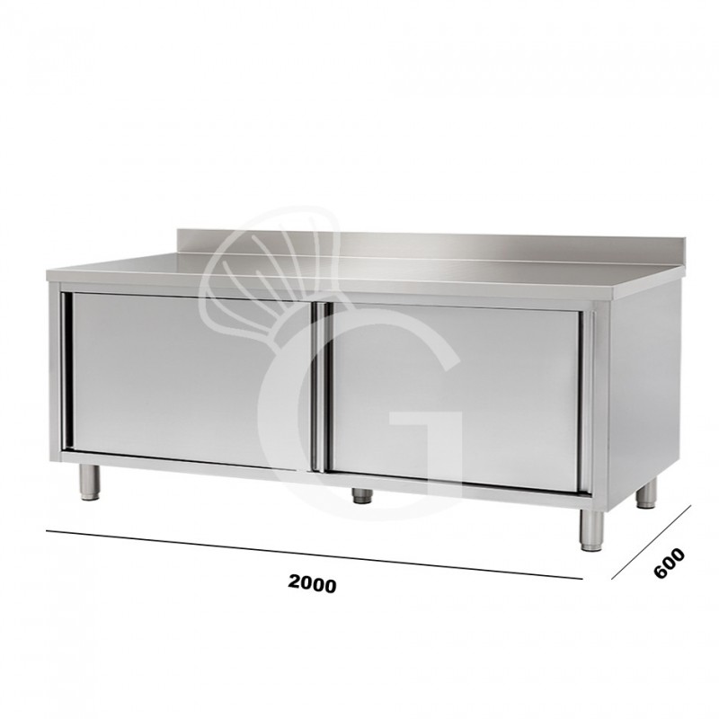 Mesa mural de acero inoxidable 2 puertas correderas y peto L 2000 mm x P 600 mm x A 950 mm