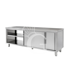 Mesa mural de acero inoxidable con puertas correderas dobles L 2000 mm x P 600 mm x A 850 mm