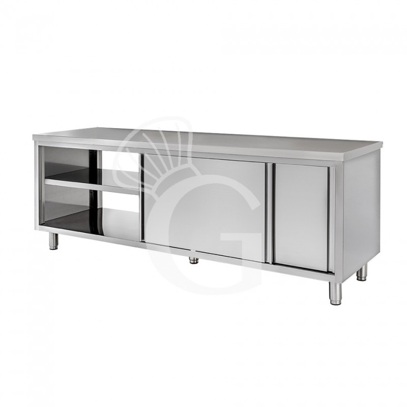 Mesa mural de acero inoxidable con puertas correderas dobles L 2000 mm x P 600 mm x A 850 mm