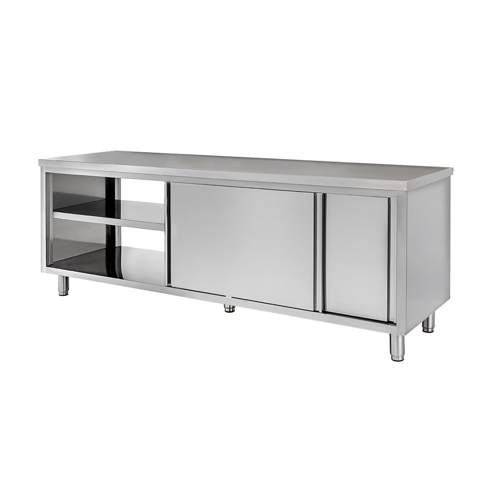 Mesa mural de acero inoxidable con puertas correderas dobles L 2000 mm x P 600 mm x A 850 mm
