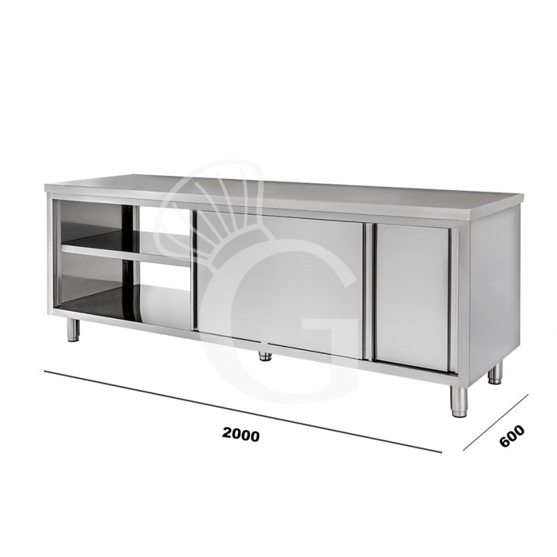 Mesa mural de acero inoxidable con puertas correderas dobles L 2000 mm x P 600 mm x A 850 mm