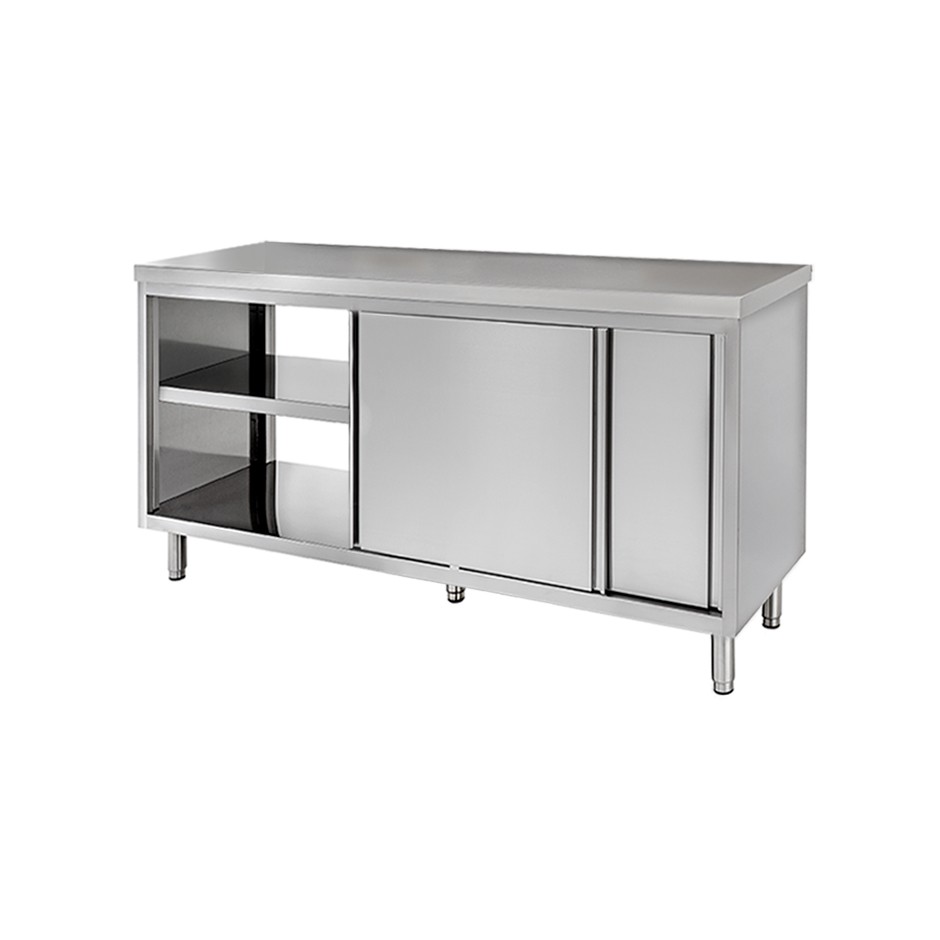 Mesa mural de acero inoxidable con puertas correderas dobles L 1400 mm x P 700 mm x A 850 mm