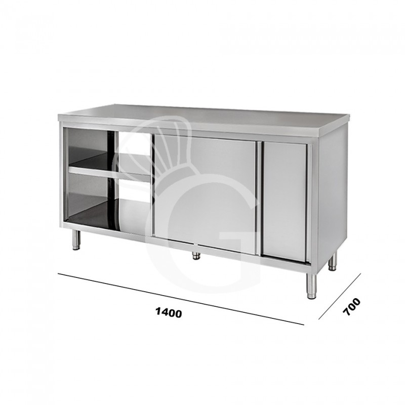 Mesa mural de acero inoxidable con puertas correderas dobles L 1400 mm x P 700 mm x A 850 mm
