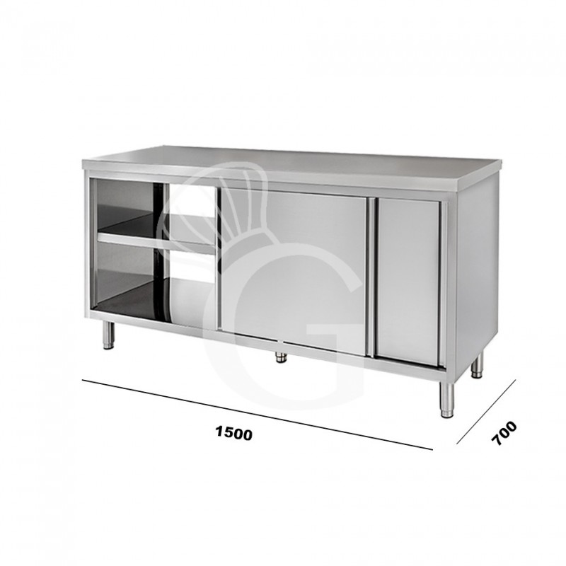 Mesa mural de acero inoxidable con puertas correderas dobles L 1500 mm x P 700 mm x A 850 mm