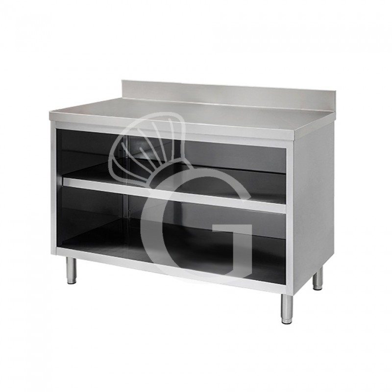 Mesa contrabarra de acero inoxidable con 2 estantes y peto L 1200 mm x P 700 mm x A 950 mm