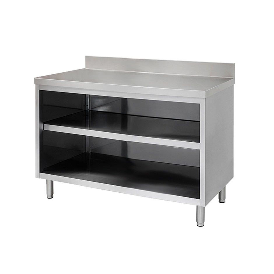 Mesa contrabarra de acero inoxidable con 2 estantes y peto L 1200 mm x P 700 mm x A 950 mm