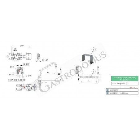 Grifo de pedal con base hexagonal y bloqueo – 200 x 150 mm Grifo de pedal con base hexagonal y bloqueo – 200 x 150 mm