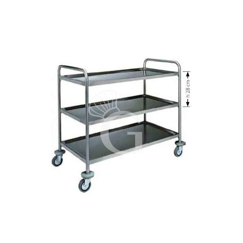 Carrito de servicio de 3 niveles con estructura tubular en acero inoxidable –L 1100 × P 600 × H 1040 mm