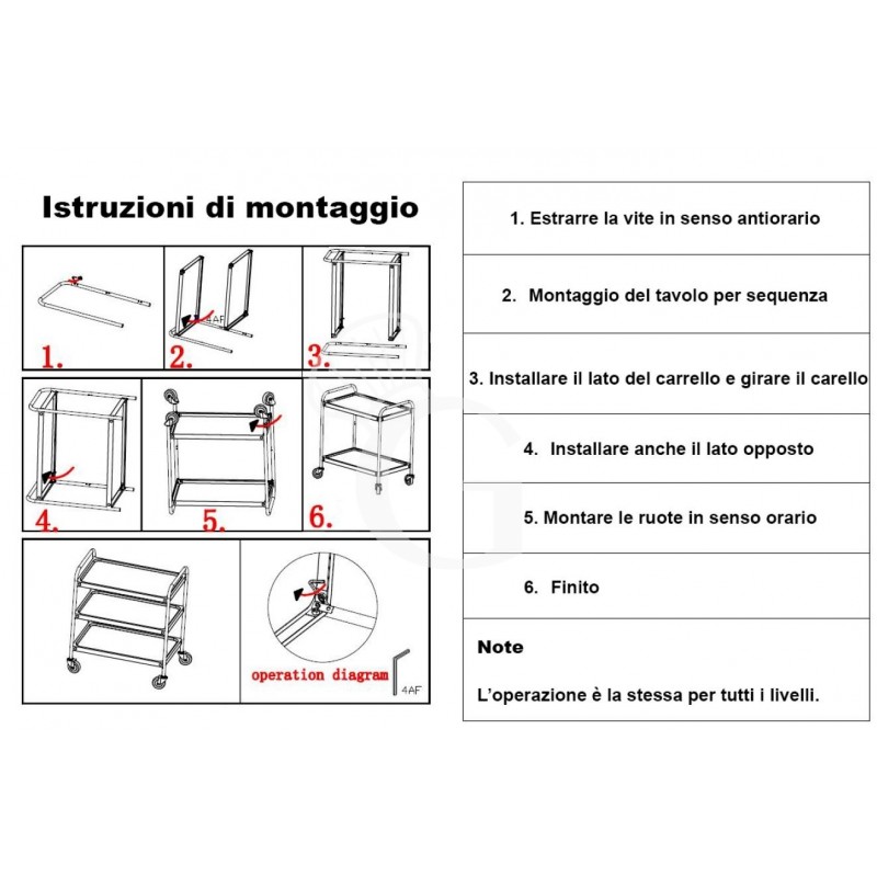 Carrello di servizio in acciaio inox con 3 piani L 1285 mm x P 690 mm x H 935 mm