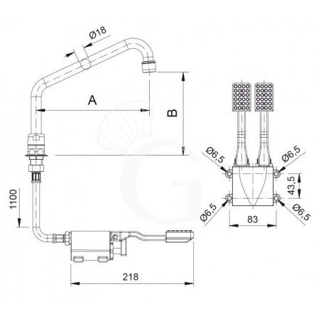 Grifo de doble pedal y base hexagonal –agua caliente y fría- caño L 200 m Grifo de doble pedal y base hexagonal –agua caliente y fría- caño L 200 m