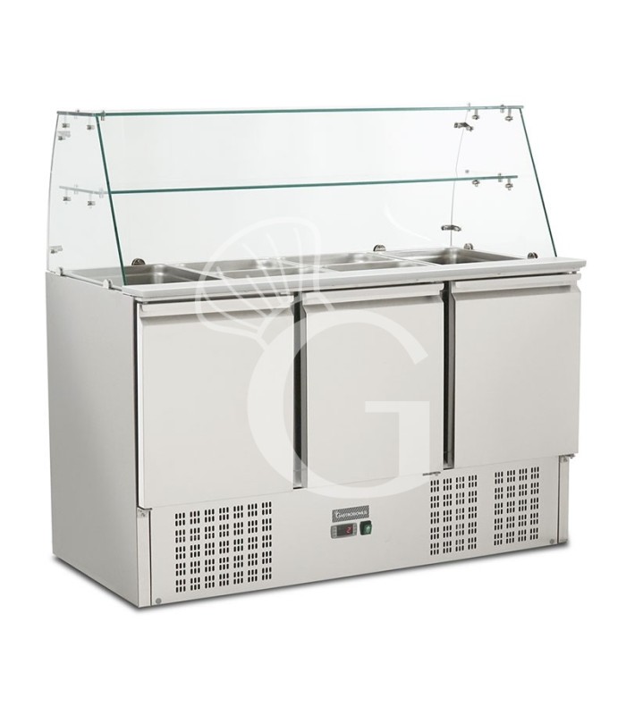 Mesa fría para ensaladas GN1/1, para 4 cubetas con 3 puertas y vitrina