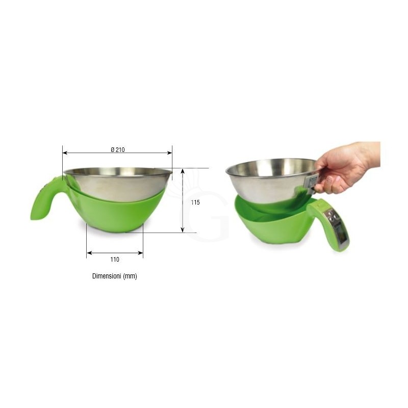 Balanza de cocina cubeta de acero inoxidable pantalla LCD capacidad 5 Kg L 110 mm x diámetro 210 mm x A 115 mm