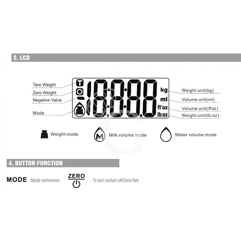 Balanza de cocina con pantalla LCD capacidad 5 kg plato L 180 mm x diámetro 215 mm x A 130 mm