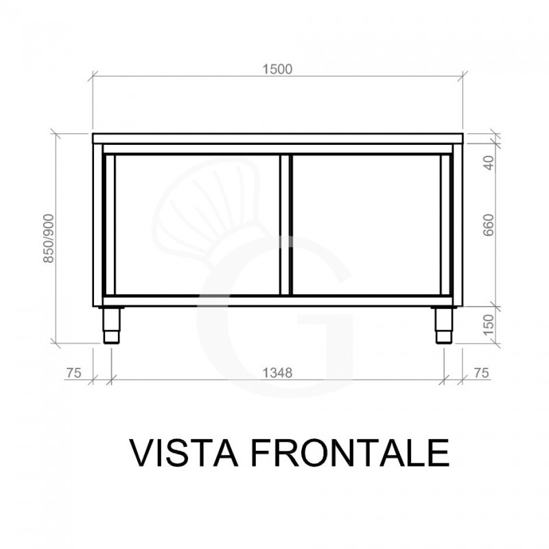 Mesa mural de acero inoxidable 2 puertas correderas L 1500 mm x P 600 mm x A 850 mm