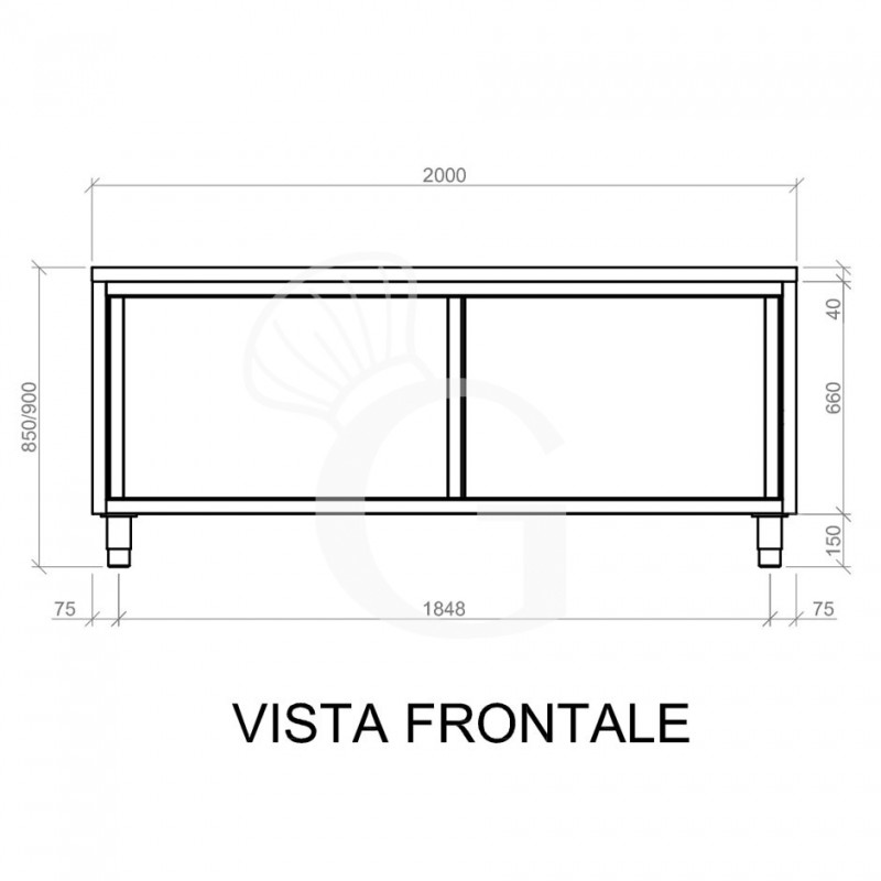 Mesa mural de acero inoxidable 2 puertas correderas L 2000 mm x P 600 mm x A 850 mm
