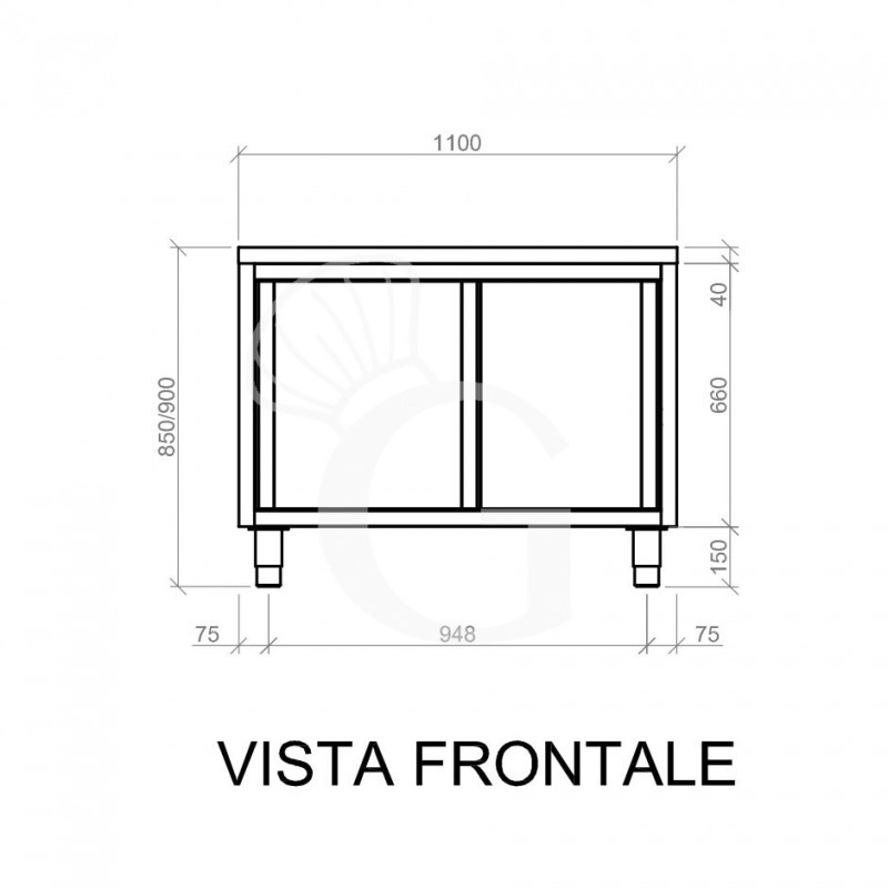 Mesa mural de acero inoxidable 2 puertas correderas L 1100 mm x P 700 mm x A 850 mm