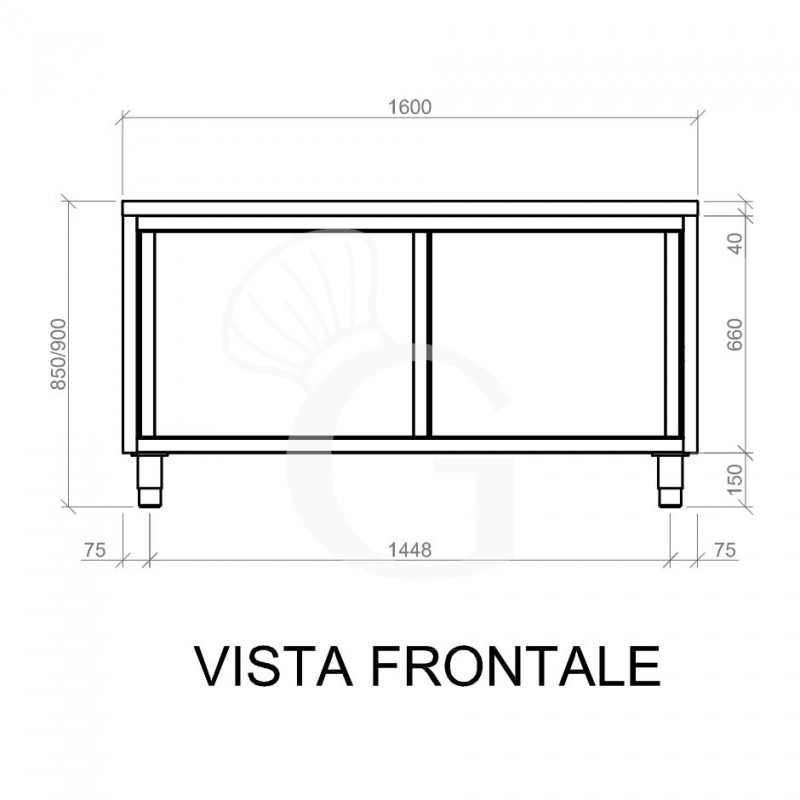 Mesa mural de acero inoxidable 2 puertas correderas L 1600 mm x P 700 mm x A 850 mm