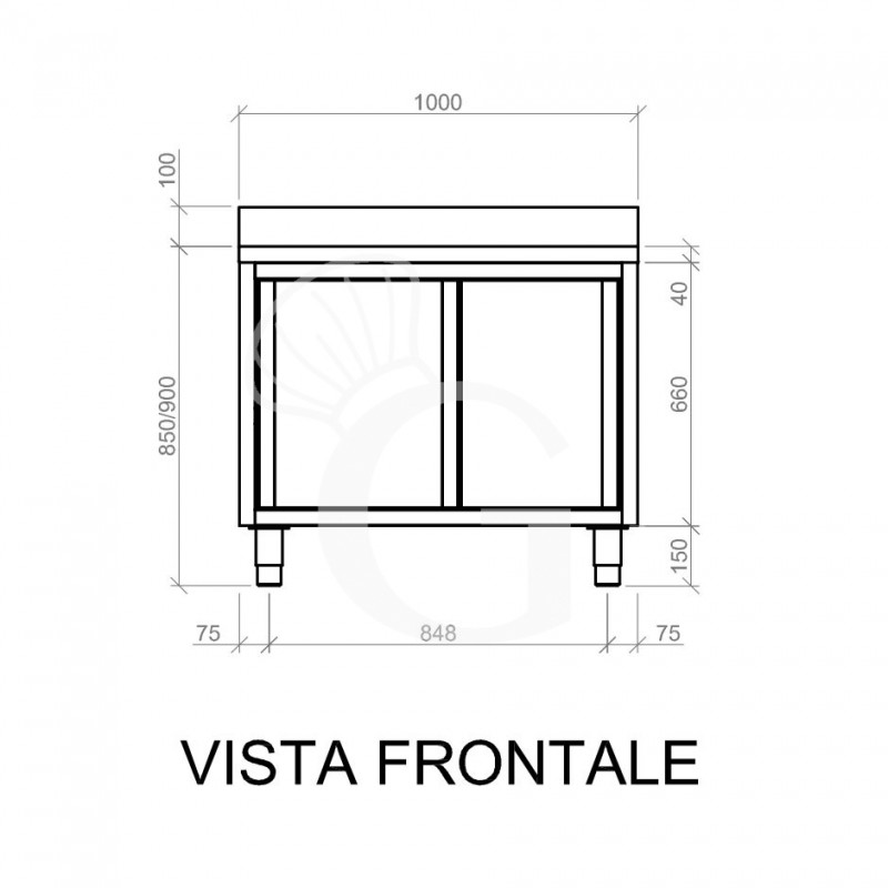 Mesa mural de acero inoxidable 2 puertas correderas y peto L 1000 mm x P 600 mm x A 950 mm