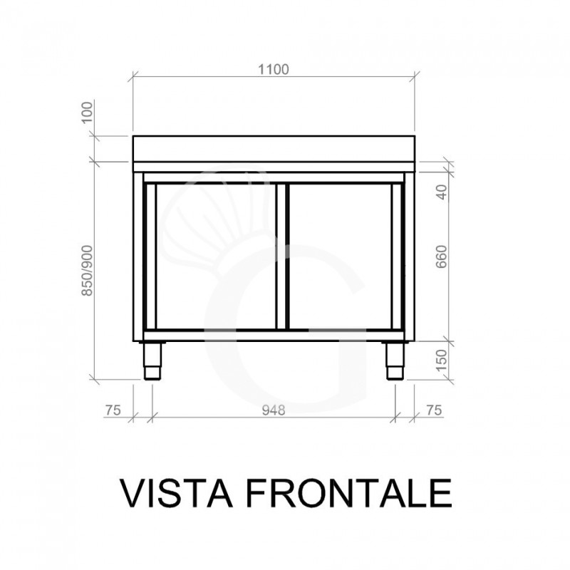 Mesa mural de acero inoxidable 2 puertas correderas y peto L 1100 mm x P 600 mm x A 950 mm