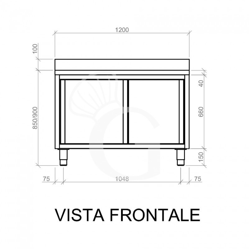 Mesa mural de acero inoxidable 2 puertas correderas y peto L 1200 mm x P 600 mm x A 950 mm