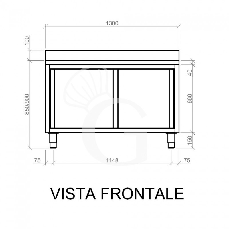 Mesa mural de acero inoxidable 2 puertas correderas y peto L 1300 mm x P 600 mm x A 950 mm