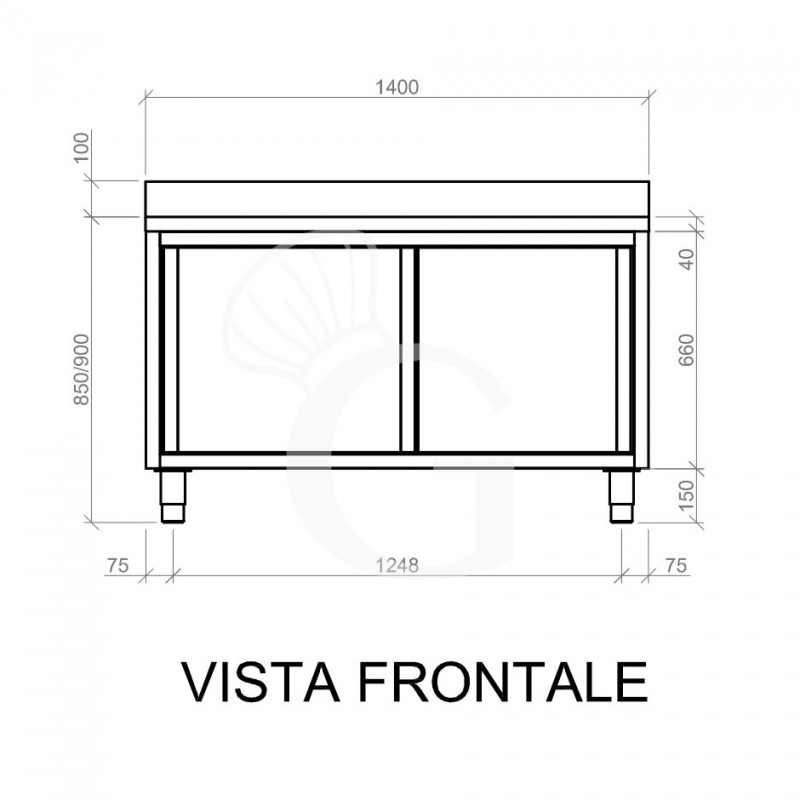 Mesa mural de acero inoxidable 2 puertas correderas y peto L 1400 mm x P 600 mm x A 950 mm