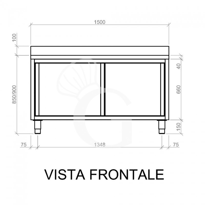 Mesa mural de acero inoxidable 2 puertas correderas y peto L 1500 mm x P 600 mm x A 950 mm