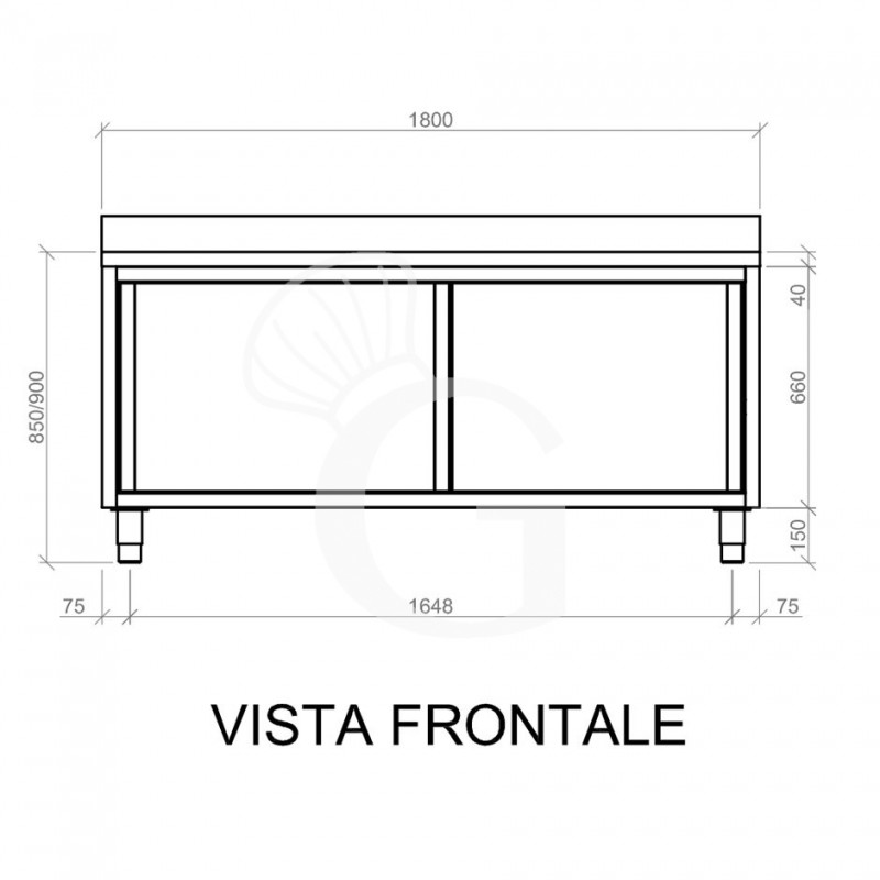 Mesa mural de acero inoxidable 2 puertas correderas y peto L 1800 mm x P 600 mm x A 950 mm