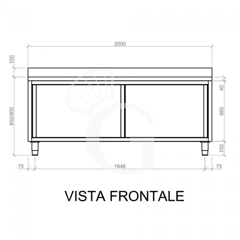 Mesa mural de acero inoxidable 2 puertas correderas y peto L 2000 mm x P 600 mm x A 950 mm