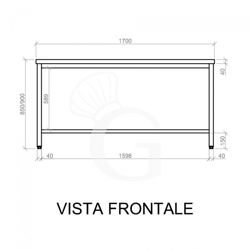Tavolo semplice in acciaio inox con misure L 1700 mm x P 800 mm x H 850 mm