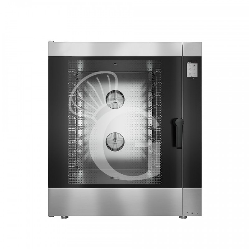 Horno a gas de convección+vapor mixto, pantalla táctil, para 10 bandejas GN1/1 o 600x400 mm con limpieza automática