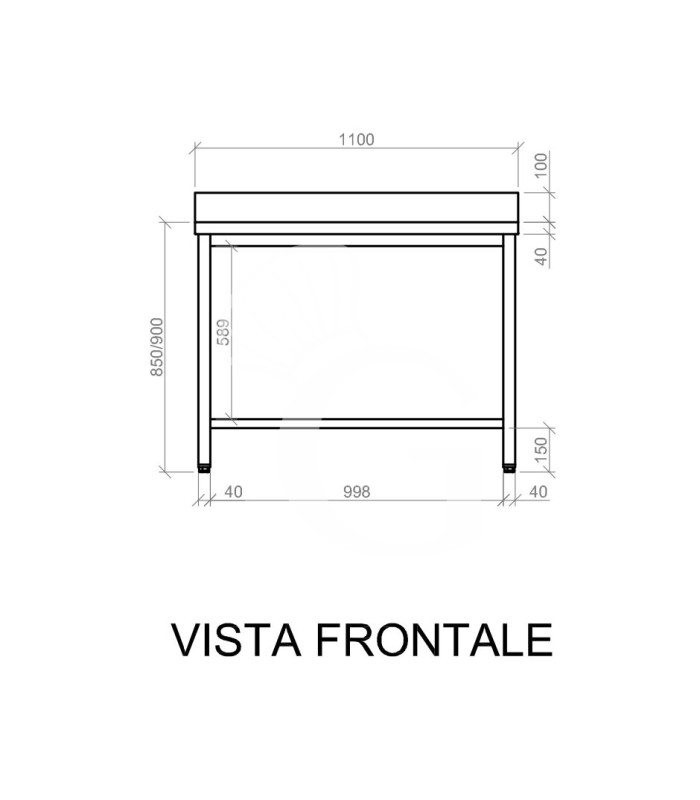 Mesa de acero inoxidable con estante inferior y peto L 1100 mm x P 800 mm x A 950 mm